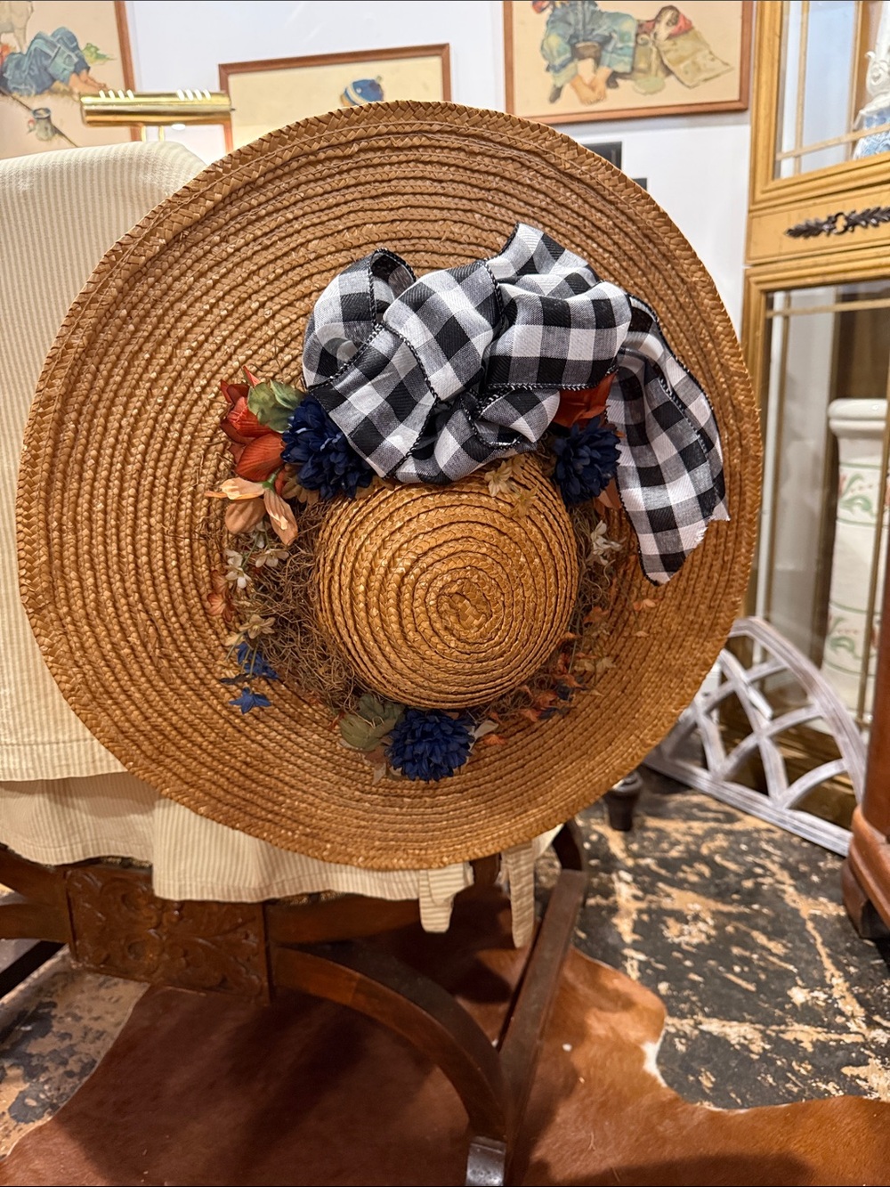 Decorative Straw Wall Hat with Black & White Gingham Bow